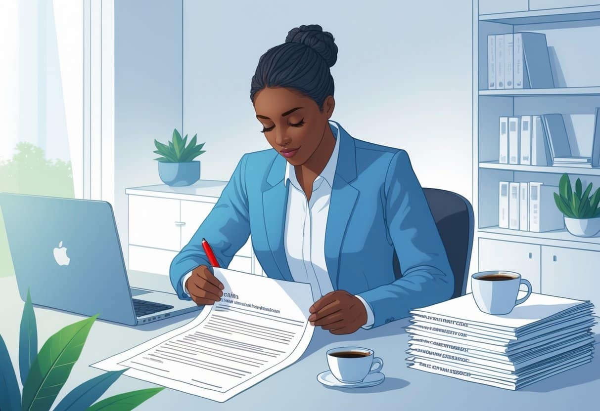 How to Write a Cover Letter for a Career Change to Tech: Essential Tips and Examples 3 Person proofreading a cover letter at a desk with a laptop and documents, preparing to submit a job application.