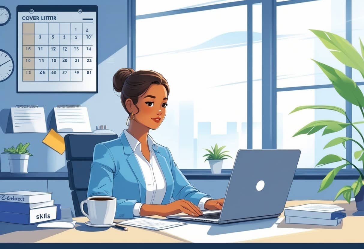 A person sitting at a desk writing a cover letter on a laptop in a bright office with a calendar, clock, folders, and a plant nearby.
