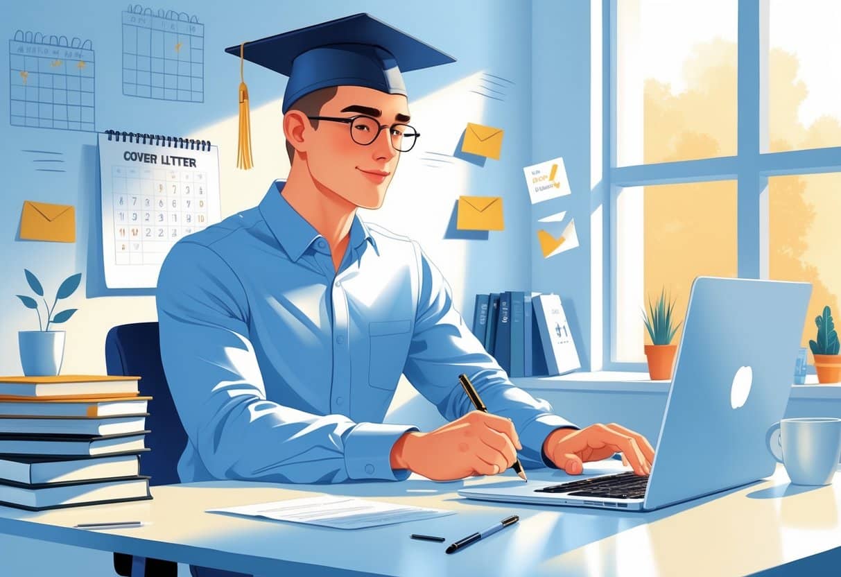 Cover Letter Strategies for High School Graduates: Essential Tips for Successful Applications 1 A high school graduate sitting at a desk writing a cover letter on a laptop, surrounded by books and symbols of career opportunities in a bright room.