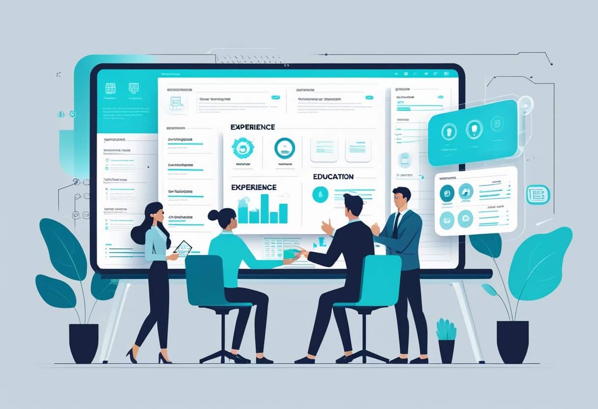 RoboApply: Online Resume Builder | Free Resume Maker for Professional CVs 1 A futuristic workspace with people interacting with a holographic resume interface above a desk.