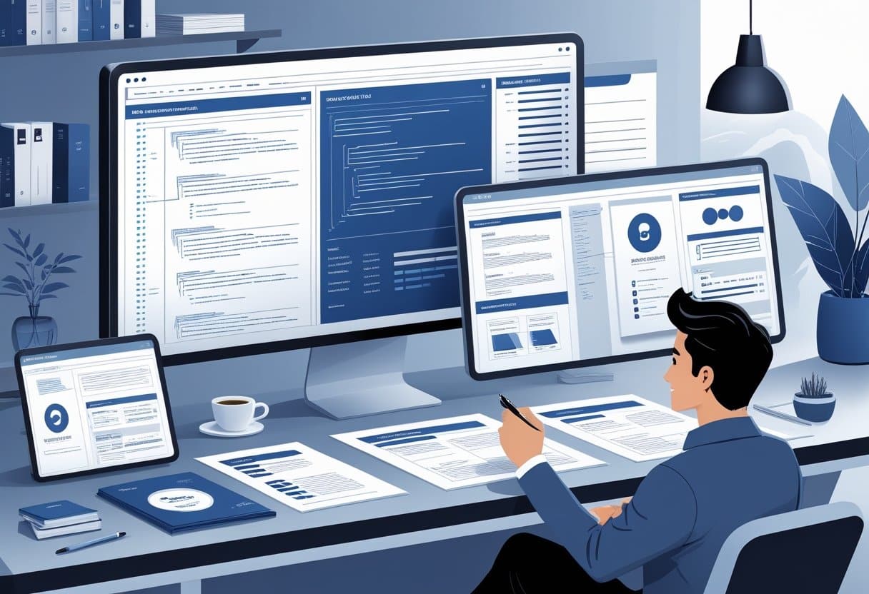 19 Software Engineer Resume Examples & Guide for 2025: Templates, Tips, and Writing Strategies 4 A software engineer working at a desk reviewing multiple resume layouts on a computer screen surrounded by programming materials and office items.