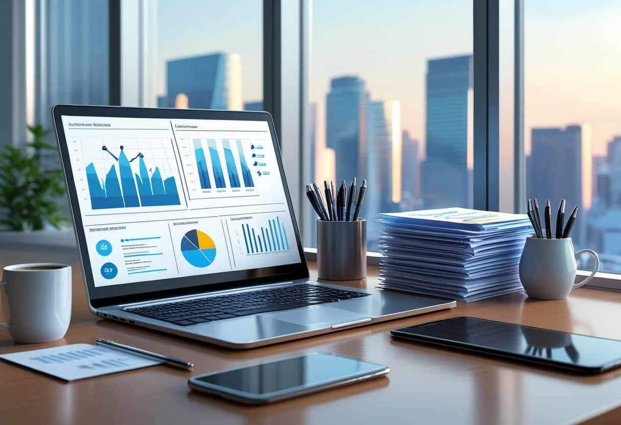 49 Executive Resume Examples & Guide for 2025: Proven Templates and Expert Writing Tips 1 A clean executive desk with a laptop, resumes, a pen holder, coffee cup, and smartphone by a window showing a city skyline.