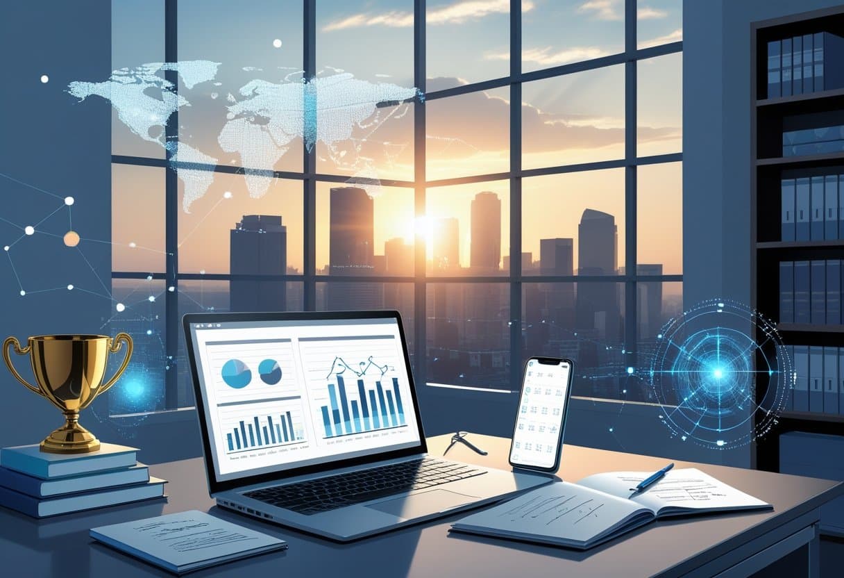 49 Executive Resume Examples & Guide for 2025: Proven Templates and Expert Writing Tips 4 An executive workspace with a laptop, notebook, smartphone, and career-related items overlooking a city skyline at sunrise.