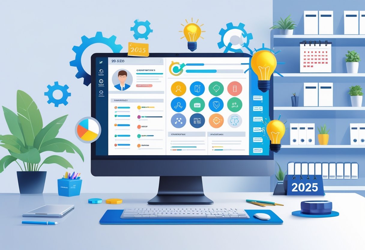 300+ Resume Skills to Use on Your Resume in 2025: Essential Keywords for Every Profession 4 A modern workspace with a computer displaying a digital resume surrounded by icons representing various professional skills and a subtle office background.