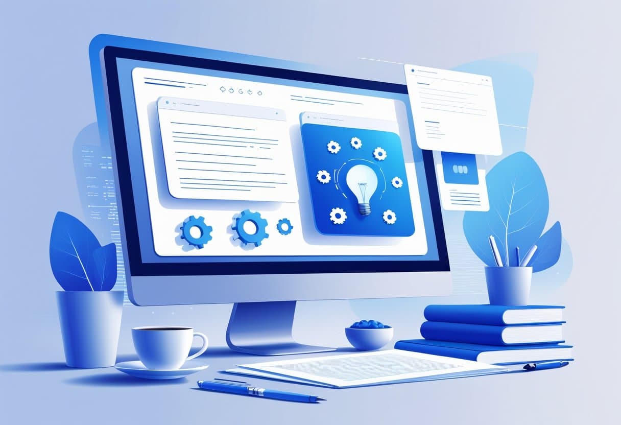 Free AI Cover Letter Generator: Instantly Create Professional Cover Letters Online 3 A modern workspace with a computer showing an abstract AI interface surrounded by office items like a coffee cup and notepad.