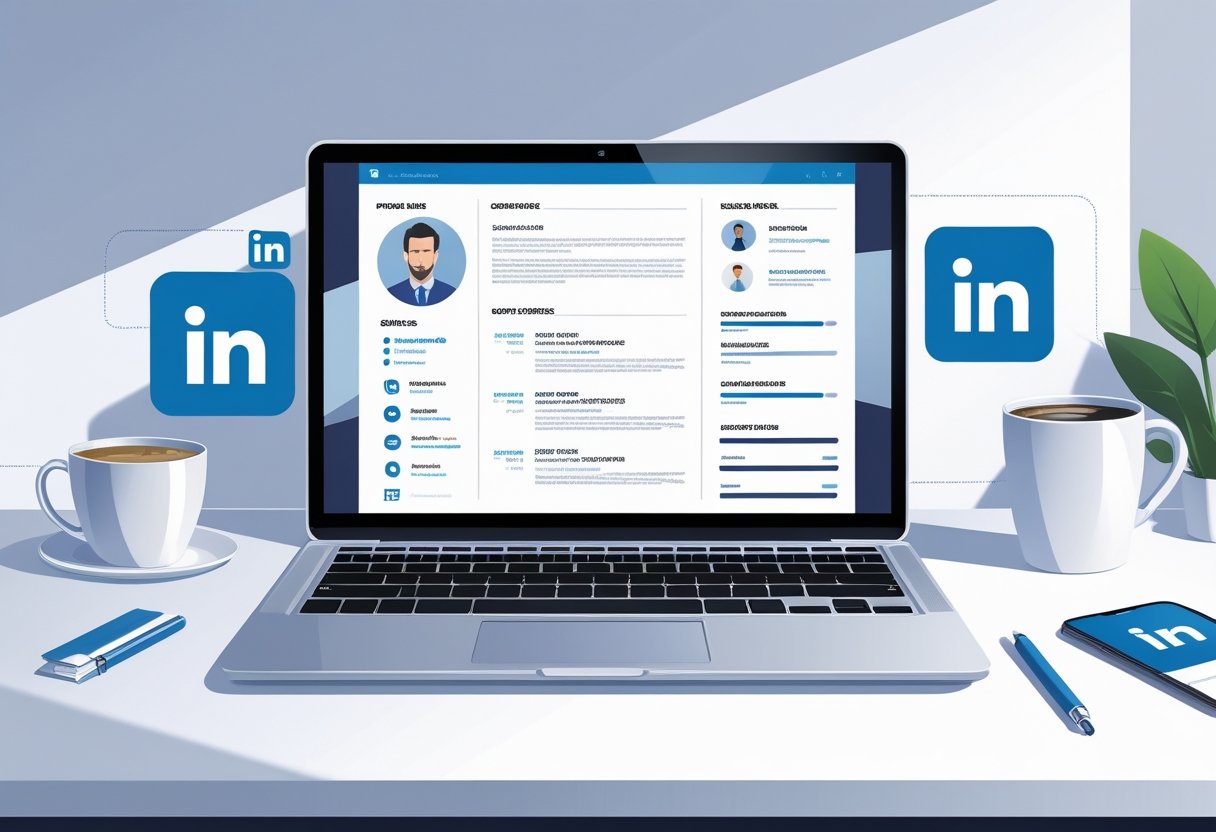 LinkedIn Resume Builder: How to Create a Standout Professional Resume Online 2 A modern workspace with a laptop displaying a resume layout and office items like a coffee cup, notepad, and smartphone on the desk.