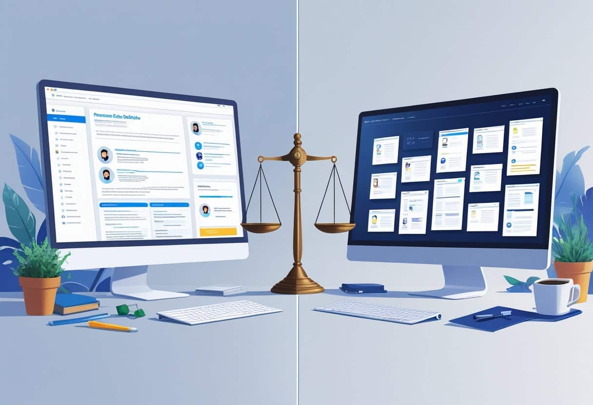 LinkedIn Resume Builder: How to Create a Standout Professional Resume Online 3 Two computer screens on a desk showing a comparison between LinkedIn Resume Builder and other resume tools, with a balanced scale between them and office items around.
