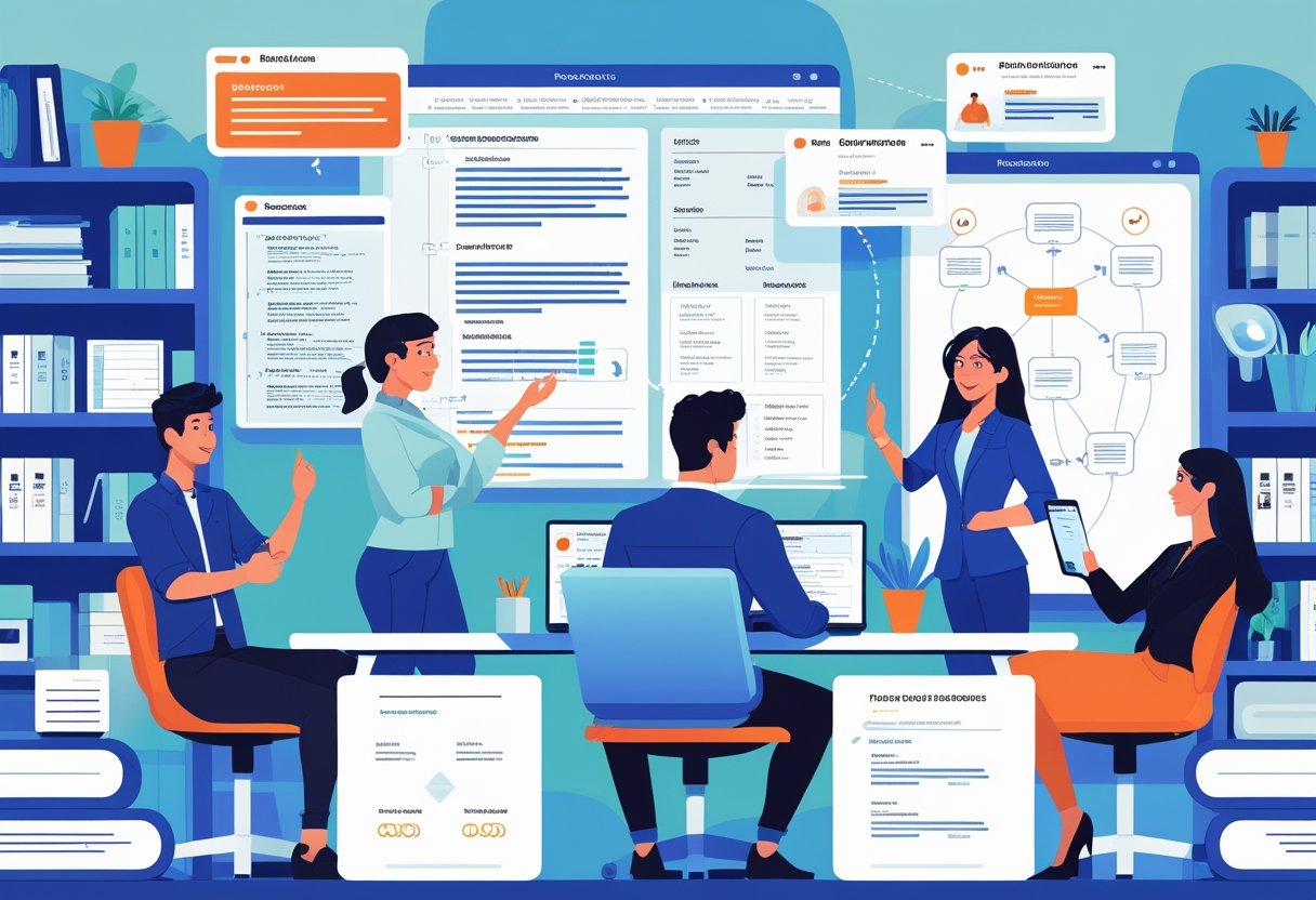 18 Tech Resume Examples & Guide for 2025: Proven Formats and Writing Tips 3 A group of professionals working together in an office to improve tech resumes and practice interviews, surrounded by digital screens and career-related materials.