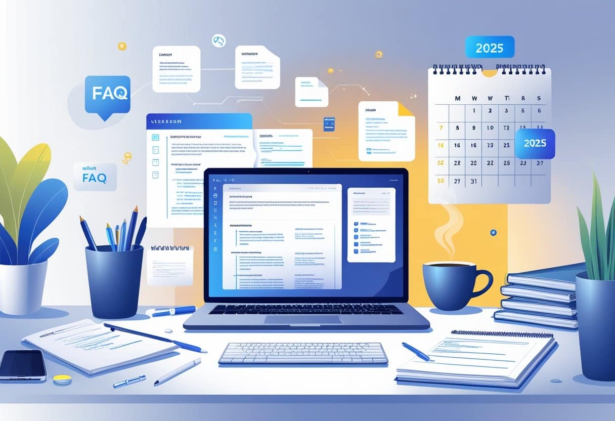 18 Tech Resume Examples & Guide for 2025: Proven Formats and Writing Tips 4 A modern workspace with a laptop showing code and resume templates, surrounded by stationery, a coffee cup, and a calendar displaying the year 2025.