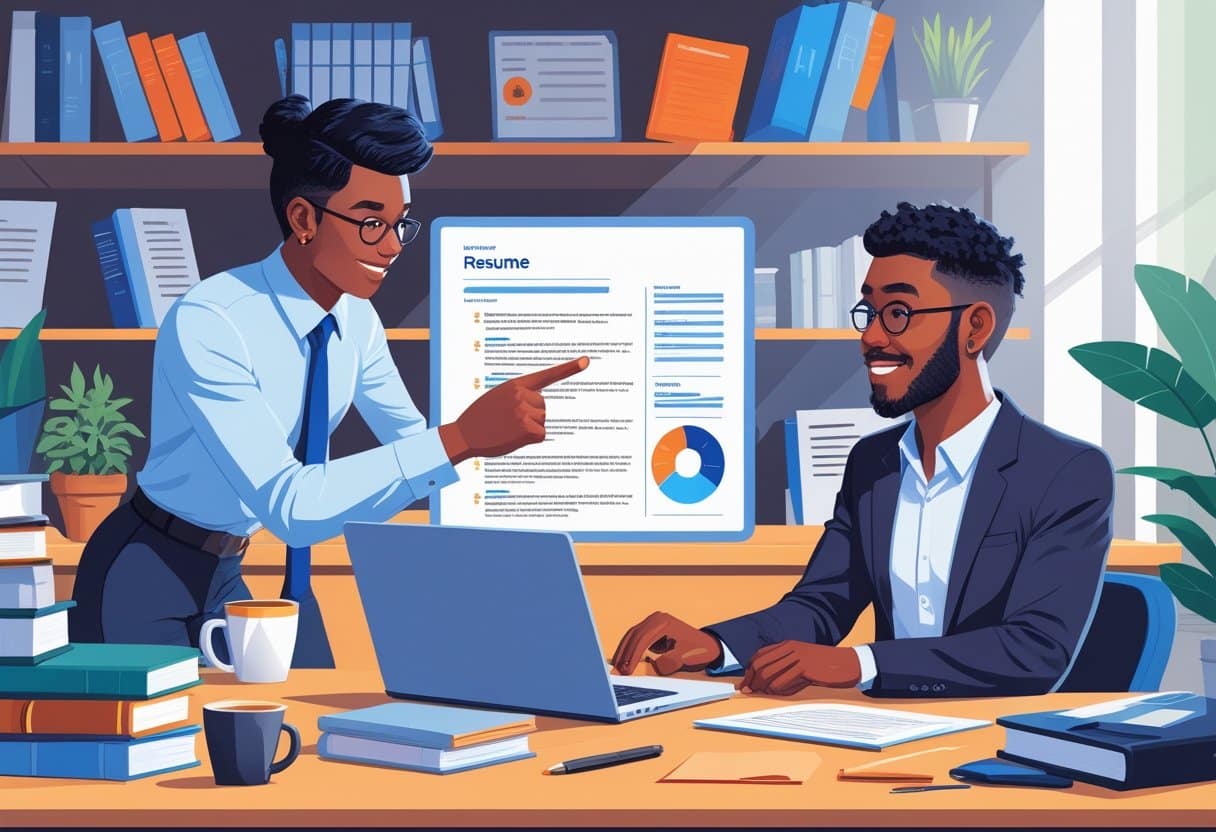 Free Resume Fixer | Improve Your Resume Fast with Expert Editing Tips 1 A career consultant helping a young professional improve their resume at a desk in an office setting.