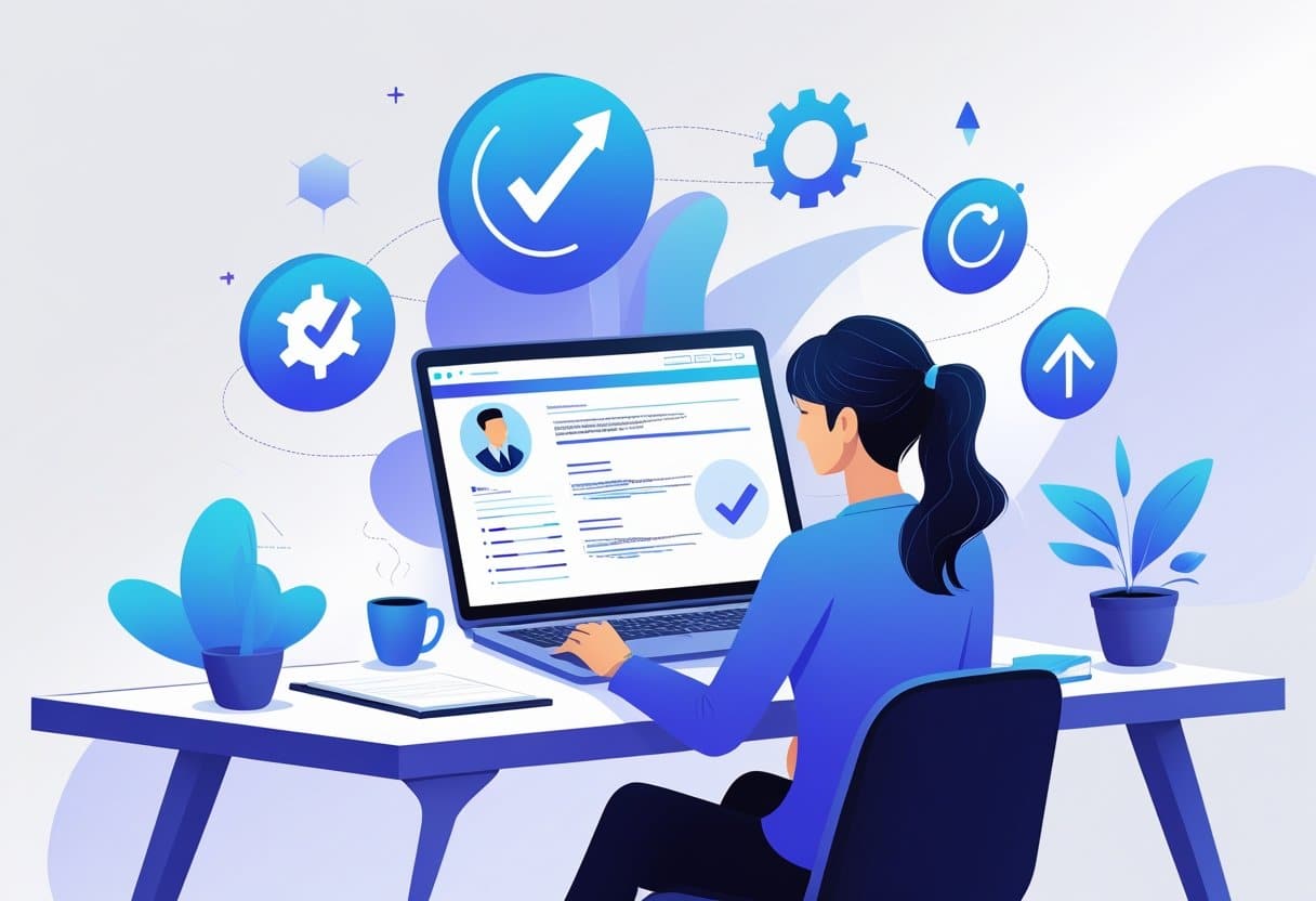 Free Resume Fixer | Improve Your Resume Fast with Expert Editing Tips 2 A person working on a laptop at a desk with icons representing resume editing and improvement floating around.