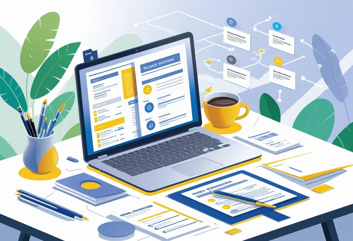 Free Resume Fixer | Improve Your Resume Fast with Expert Editing Tips 3 A workspace with a laptop showing a digital resume and documents, illustrating the process of improving a resume.