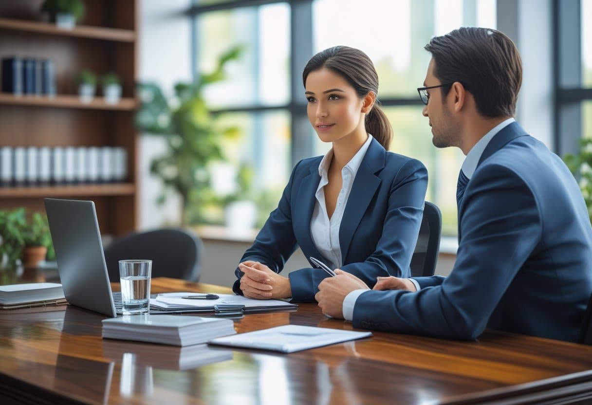 A job candidate and an interviewer sitting across a desk in an office, engaged in a conversation.
