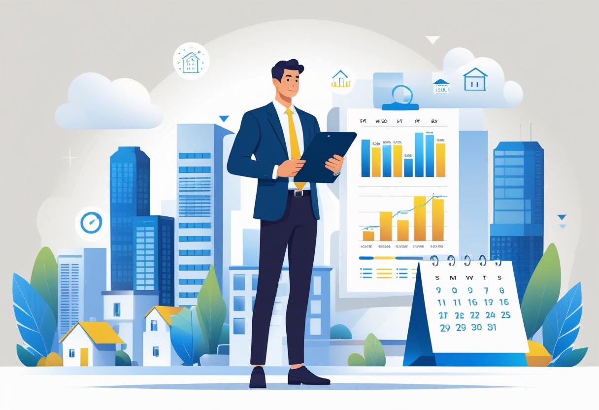 A real estate broker in business attire reviewing documents in a modern office with city buildings and charts in the background.