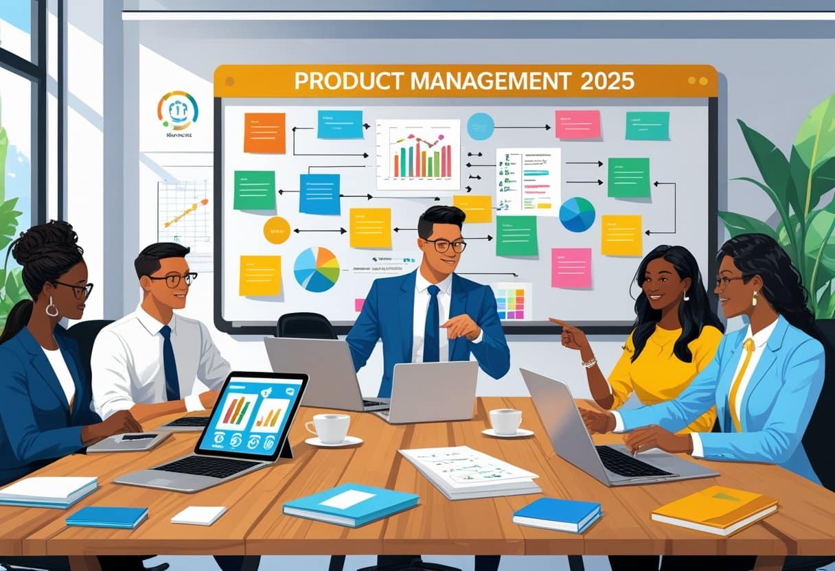 A group of professionals collaborating around a table with laptops, tablets, and notes in a bright office with a whiteboard covered in diagrams and sticky notes.