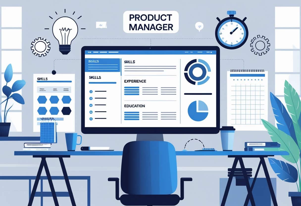 A modern workspace with a laptop showing a resume layout and icons representing product management skills like ideas, processes, data analysis, and task management.