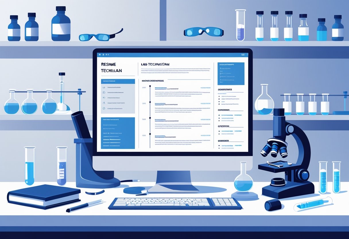 17 Lab Technician Resume Examples - March 2025: Expert Templates for Standout Applications 2 A workspace with a computer displaying a lab technician resume layout, surrounded by lab tools like goggles, test tubes, and a microscope, set against a laboratory background.