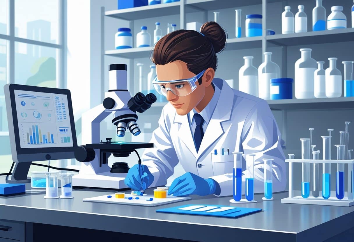 17 Lab Technician Resume Examples - March 2025: Expert Templates for Standout Applications 3 A lab technician in a white coat working with a microscope and scientific equipment in a modern laboratory.