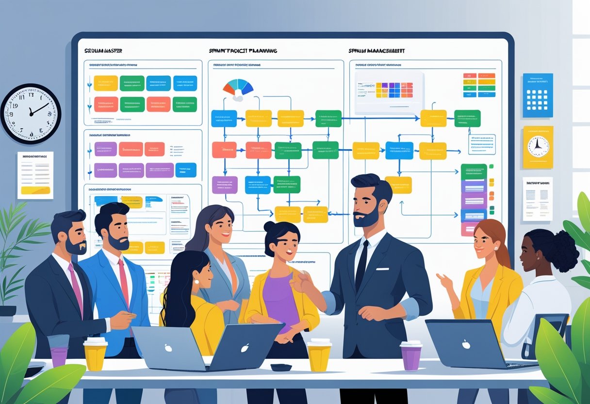 12 Scrum Master Resume Examples & Guide for 2025: Templates, Tips, and Writing Strategies 1 A Scrum Master leading a team in an office with a digital whiteboard showing colorful task cards and sticky notes, while team members collaborate around a conference table.