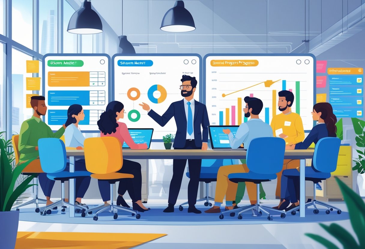 12 Scrum Master Resume Examples & Guide for 2025: Templates, Tips, and Writing Strategies 4 A Scrum Master leading a diverse team in a bright office with digital task boards and charts, showing collaboration and agile project management.