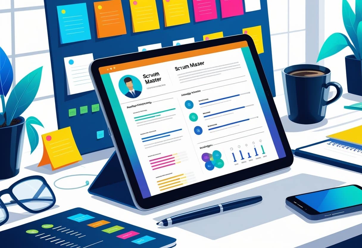 12 Scrum Master Resume Examples & Guide for 2025: Templates, Tips, and Writing Strategies 5 A modern office workspace with a digital device showing a clean resume layout, surrounded by agile project management tools like sticky notes and a Kanban board.