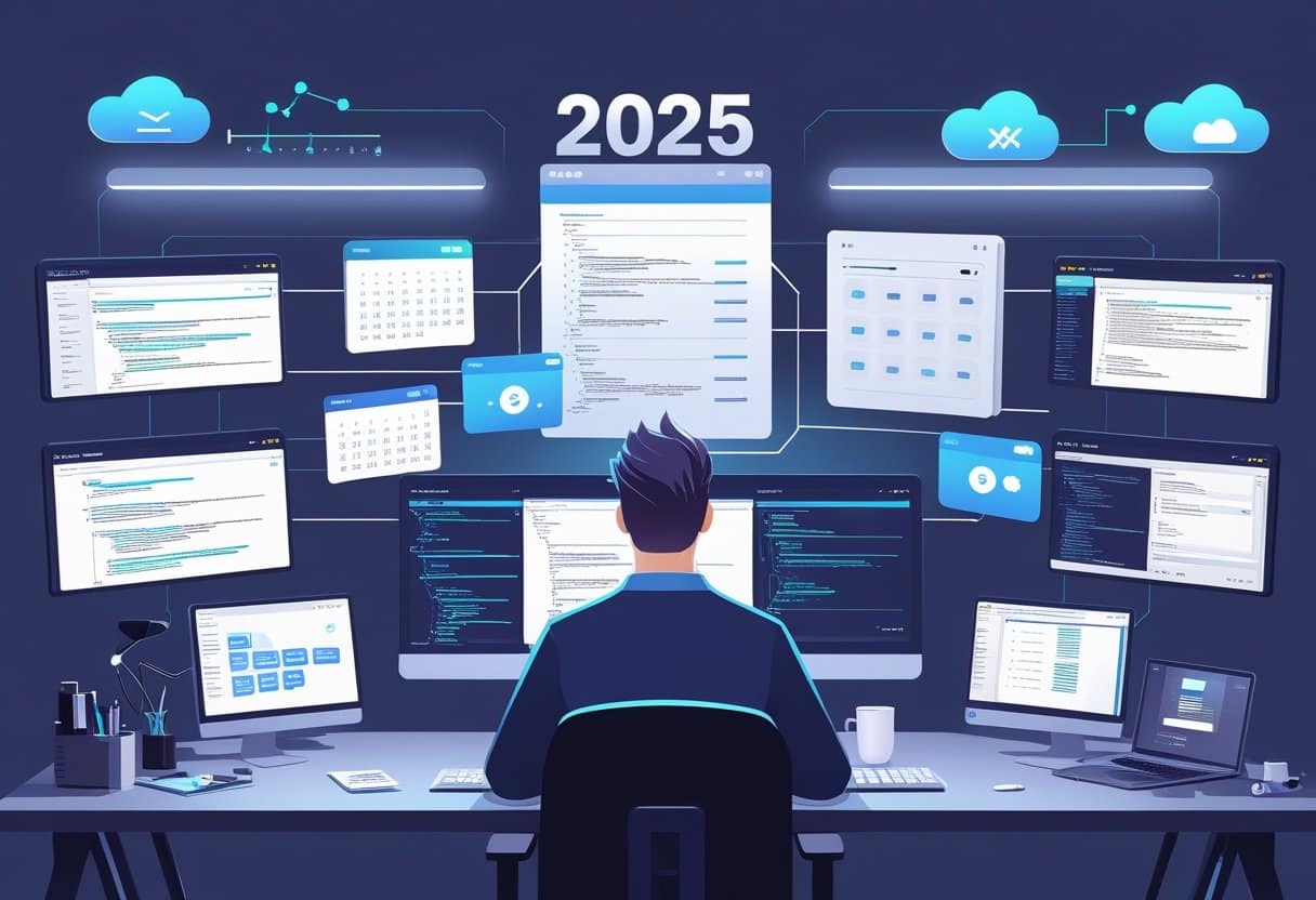 19 Full Stack Developer Resume Examples & Guide for 2025: Land Your Next Role with Proven Templates 1 A workspace with multiple computer screens showing coding and design elements, surrounded by icons representing programming technologies, with a calendar showing the year 2025.