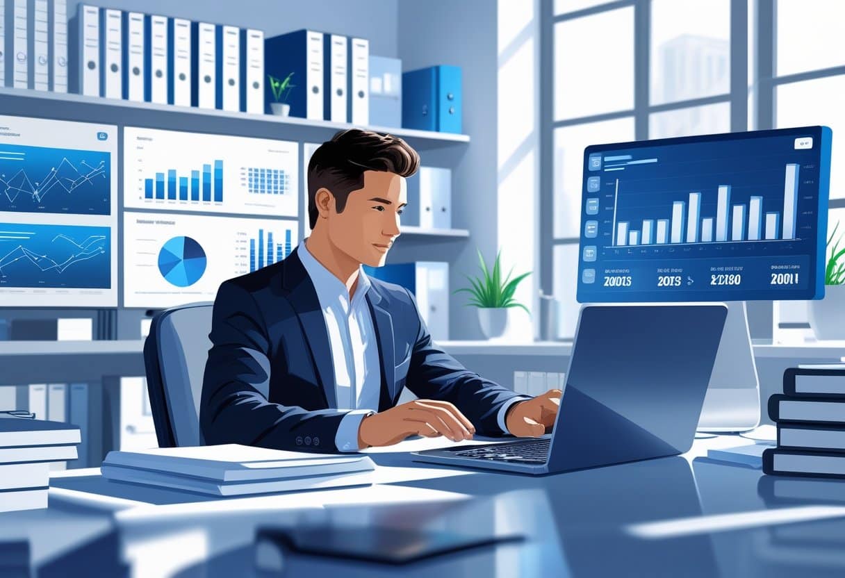 32 Accountant Resume Examples & Guide for 2025: Templates, Skills, and Writing Tips 2 An accountant working at a desk with financial charts and documents in a bright office.