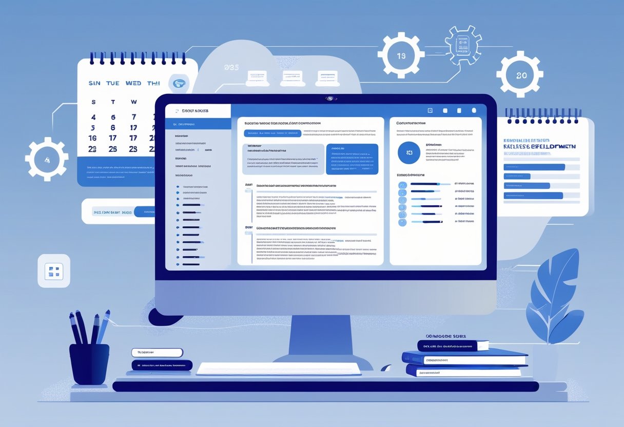 19 Full Stack Developer Resume Examples & Guide for 2025: Land Your Next Role with Proven Templates 4 A modern workspace with a computer showing coding and a digital resume, surrounded by icons representing software development and career growth.