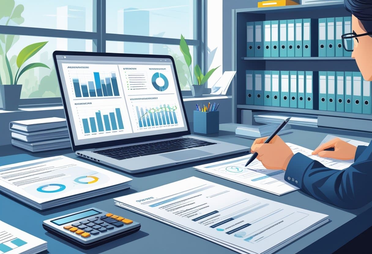 32 Accountant Resume Examples & Guide for 2025: Templates, Skills, and Writing Tips 4 A person reviewing accounting documents at a desk with a laptop, calculator, and books in an office setting.