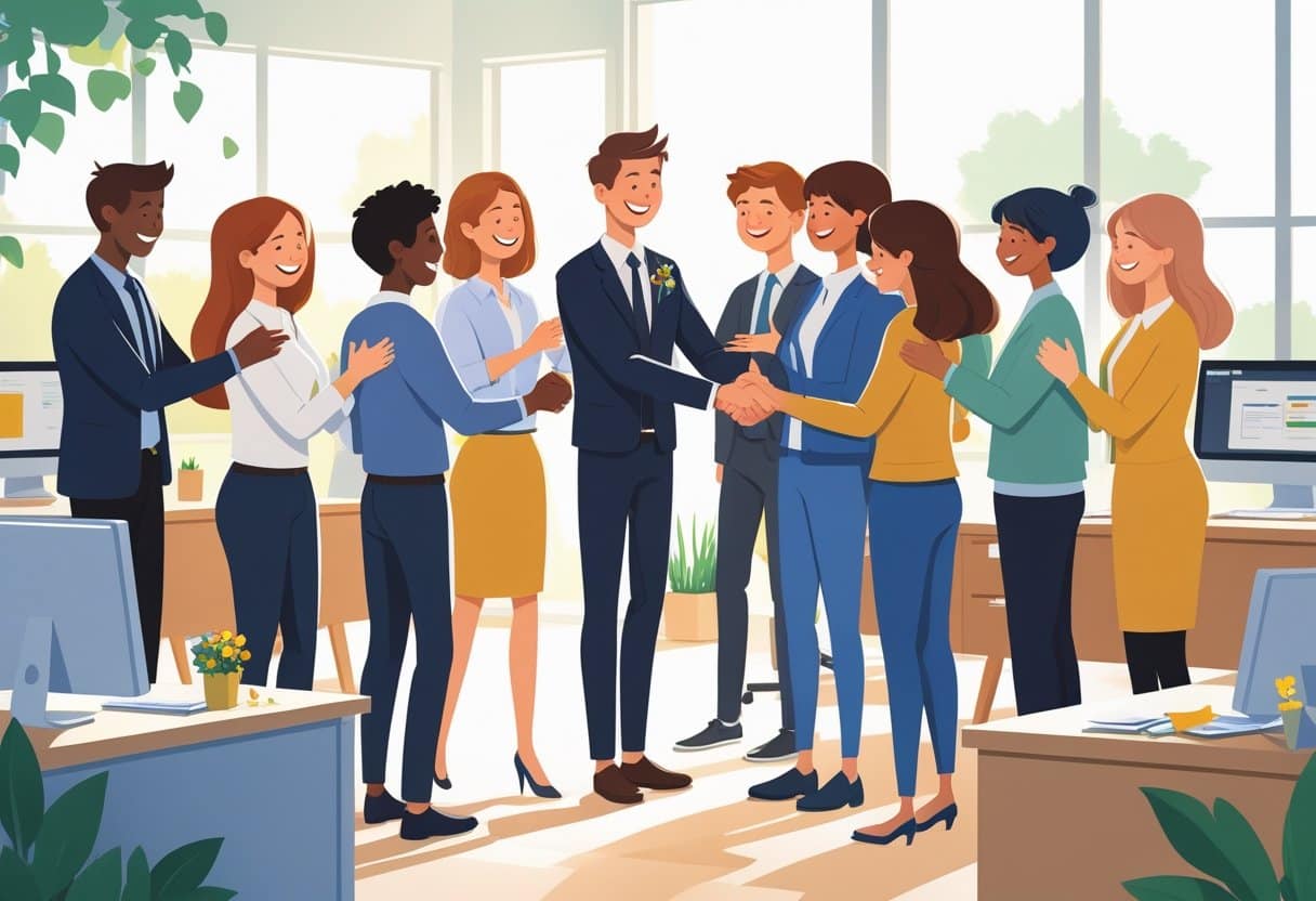 How To Write A Goodbye Message to Colleagues on your Last Working Day with 15 Example Templates 2 A group of colleagues gathered around a person, exchanging handshakes, hugs, and small gifts in an office setting during a farewell moment.