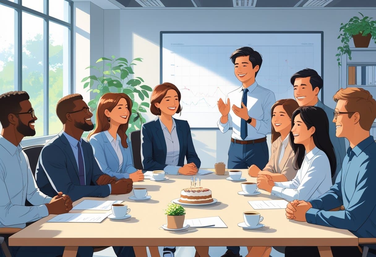 How To Write A Goodbye Message to Colleagues on your Last Working Day with 15 Example Templates 3 Colleagues gathered around a table listening to a person giving a farewell speech in an office setting.