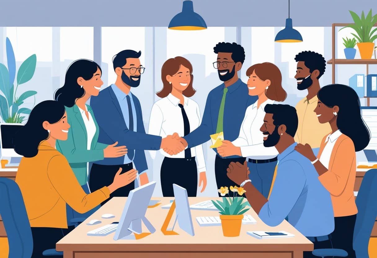 How To Write A Goodbye Message to Colleagues on your Last Working Day with 15 Example Templates 4 Colleagues in an office warmly saying goodbye to a coworker on their last working day.