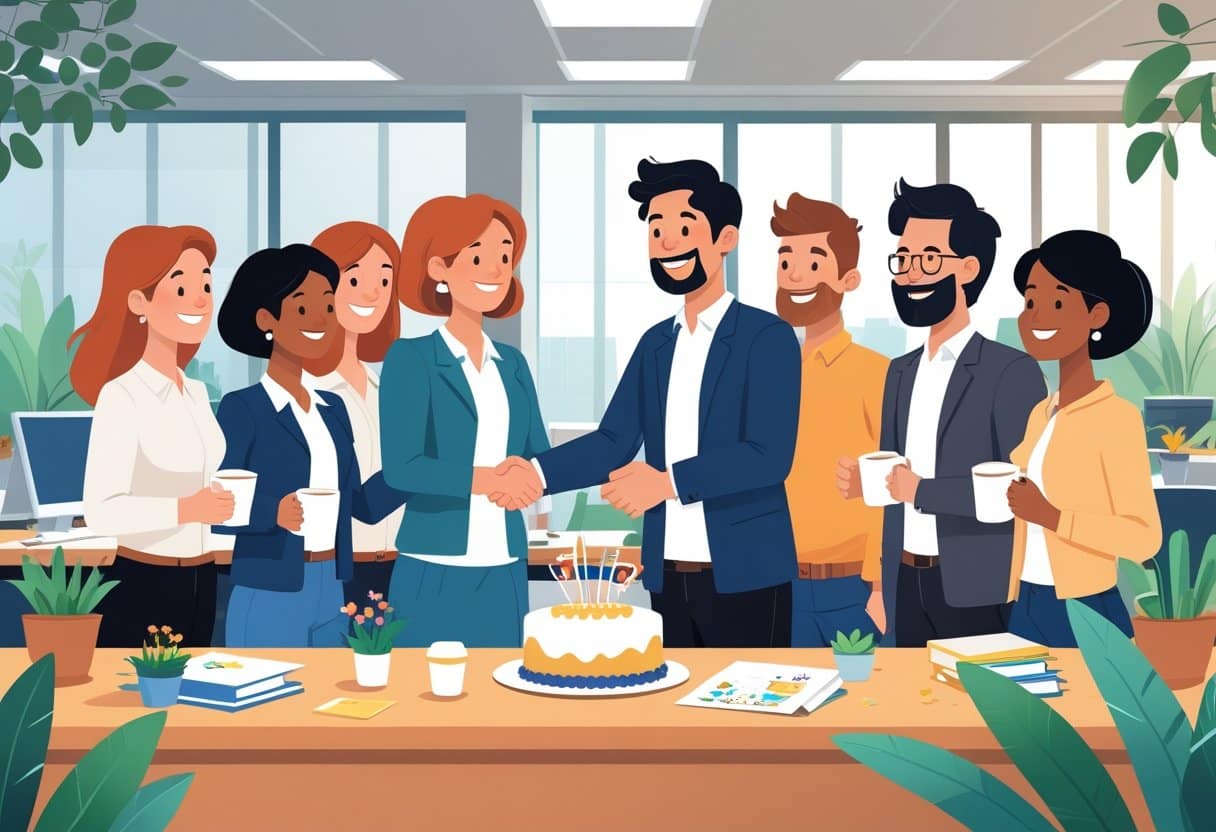 How To Write A Goodbye Message to Colleagues on your Last Working Day with 15 Example Templates 5 Colleagues gathered around a desk saying goodbye to a departing employee in an office setting.