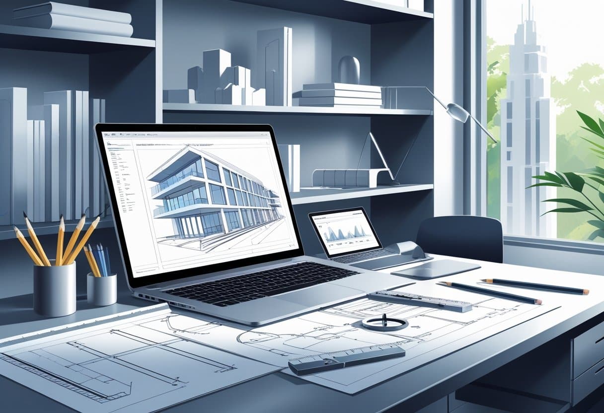 24 Architect Resume Examples & Guide for 2025: Stand Out with Proven Templates and Expert Tips 2 A modern architect's workspace with blueprints, drafting tools, a laptop showing building designs, and shelves with architectural books and models.