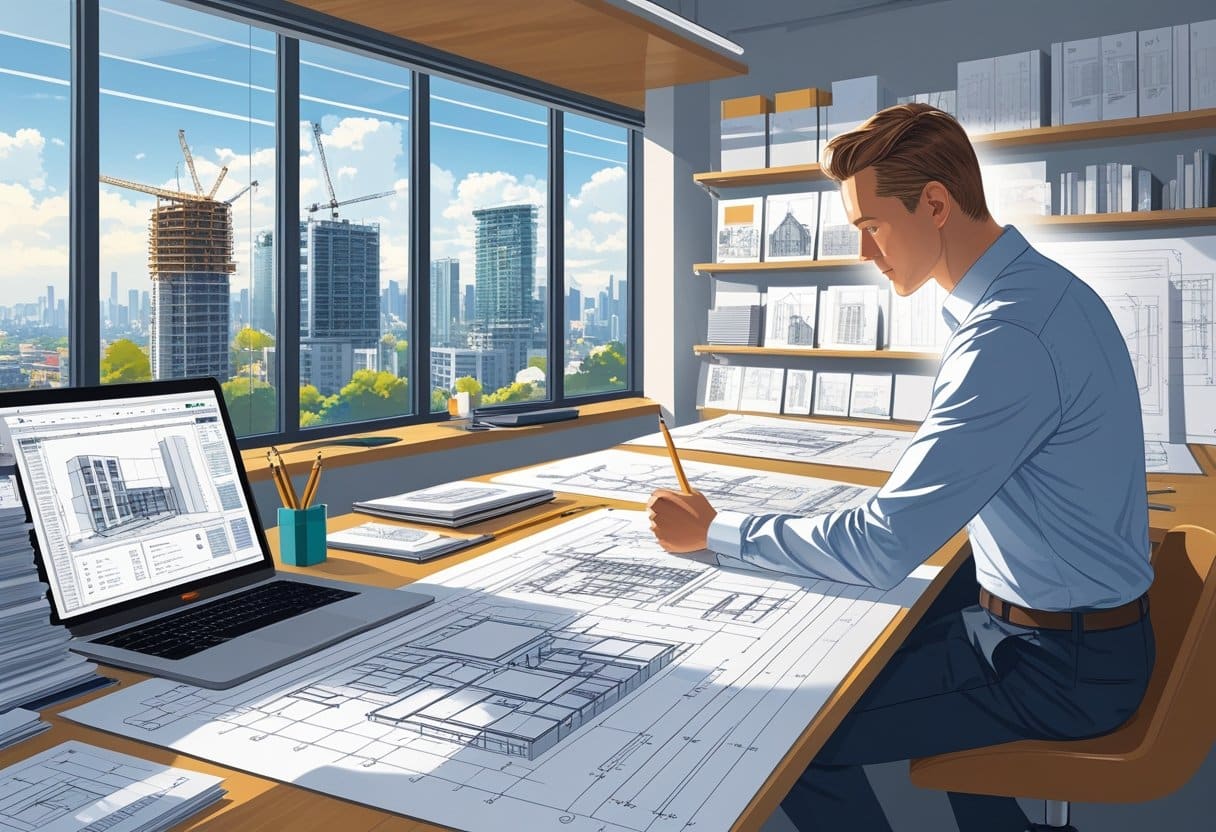 24 Architect Resume Examples & Guide for 2025: Stand Out with Proven Templates and Expert Tips 3 An architect reviewing blueprints and digital models at a drafting table in a well-lit office overlooking a city skyline.