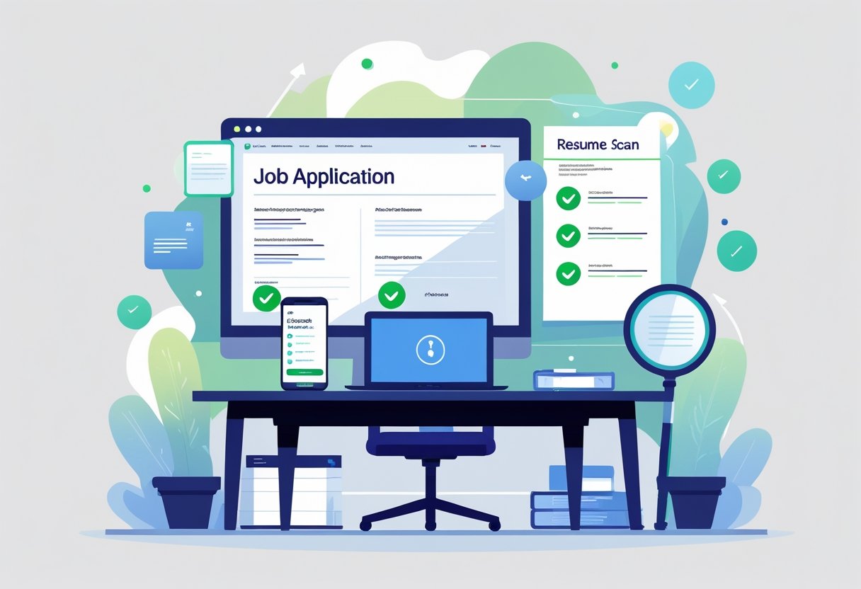 Free ATS Resume Scanner | Scan Your Resume for Job Application Success 3 A workspace with a laptop, smartphone, and checklist showing a resume scanning and job application process.