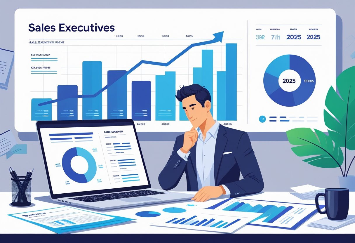 21 Sales Executive Resume Examples & Guide for 2025: Expert Tips for Landing Top Sales Roles 2 A business professional reviewing documents and a laptop at a modern workspace with charts and graphs in the background.