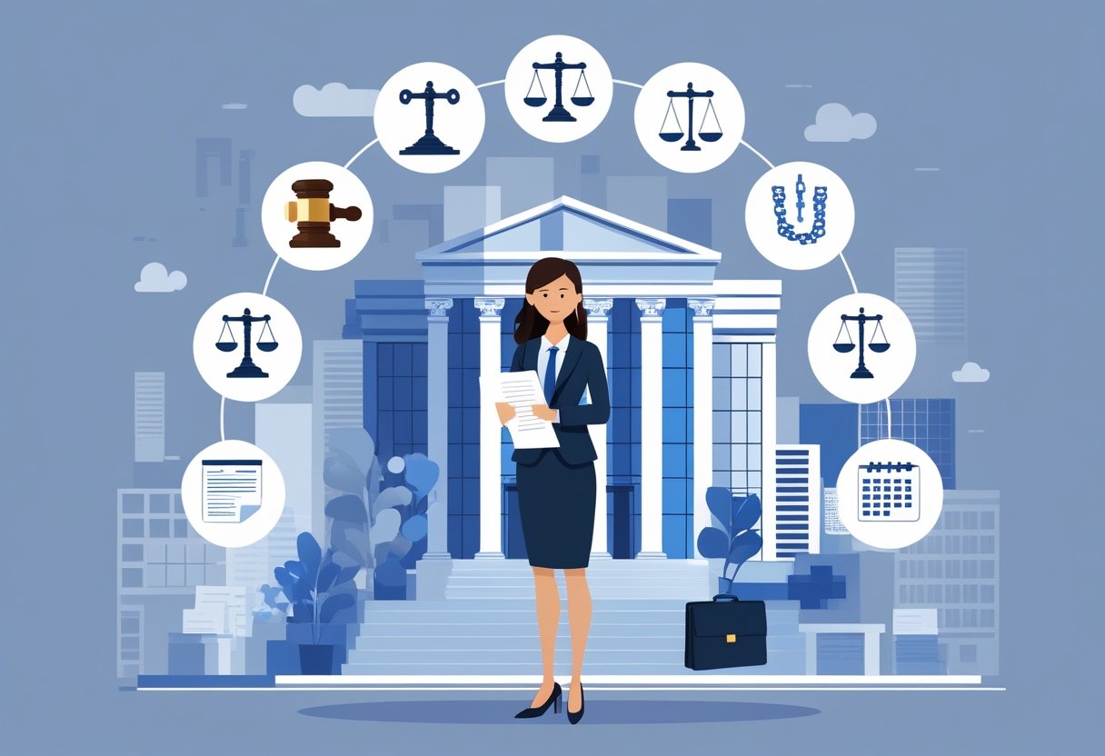 15 Ways to Sue a Company for Wrongful Termination of Employment: Essential Steps for Employees 1 A businesswoman holding a legal document stands in front of an office building, surrounded by icons representing various legal actions related to wrongful termination.