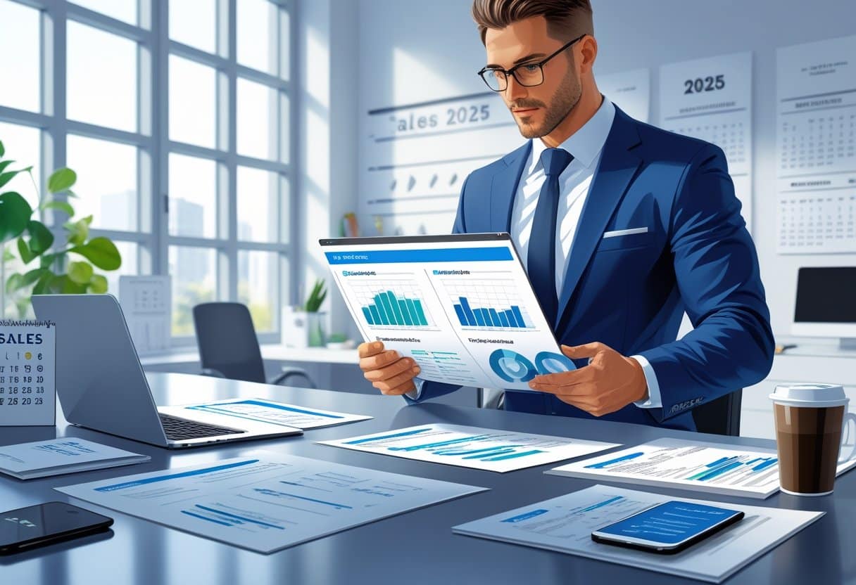 21 Sales Executive Resume Examples & Guide for 2025: Expert Tips for Landing Top Sales Roles 4 A sales executive in business attire reviewing resumes and sales charts at a modern office desk with natural light.