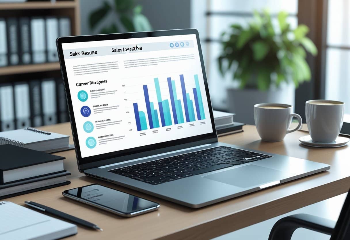 21 Sales Executive Resume Examples & Guide for 2025: Expert Tips for Landing Top Sales Roles 5 A modern office desk with a laptop showing charts and documents, surrounded by work essentials in a bright workspace.