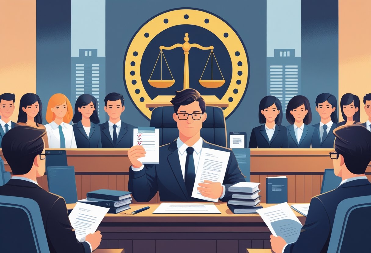 15 Ways to Sue a Company for Wrongful Termination of Employment: Essential Steps for Employees 2 A courtroom scene with a lawyer presenting a case to a judge, surrounded by symbols of justice, legal documents, and a group of employees discussing their rights, with a corporate building in the background.