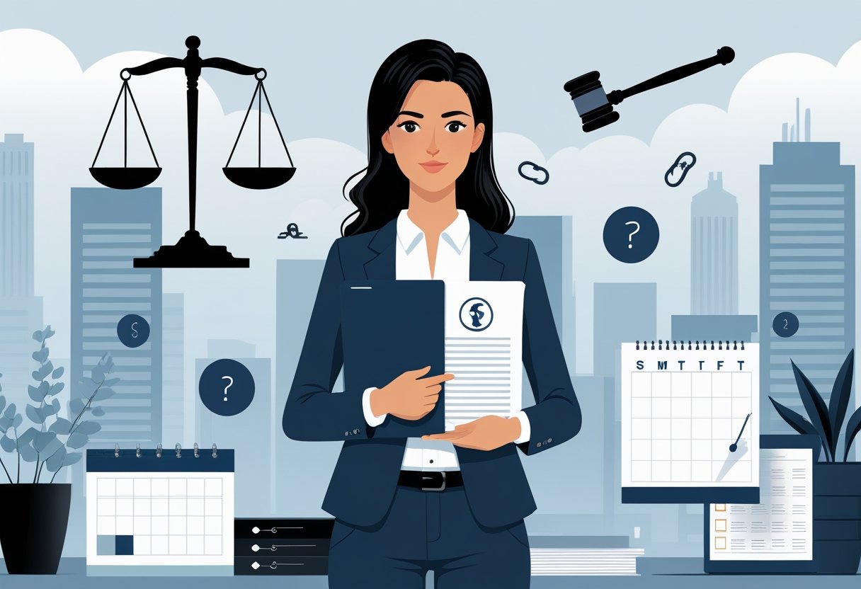 15 Ways to Sue a Company for Wrongful Termination of Employment: Essential Steps for Employees 3 A businesswoman holding legal documents surrounded by symbols of justice, a gavel, a broken chain, a calendar, and a checklist in an office setting with city buildings in the background.