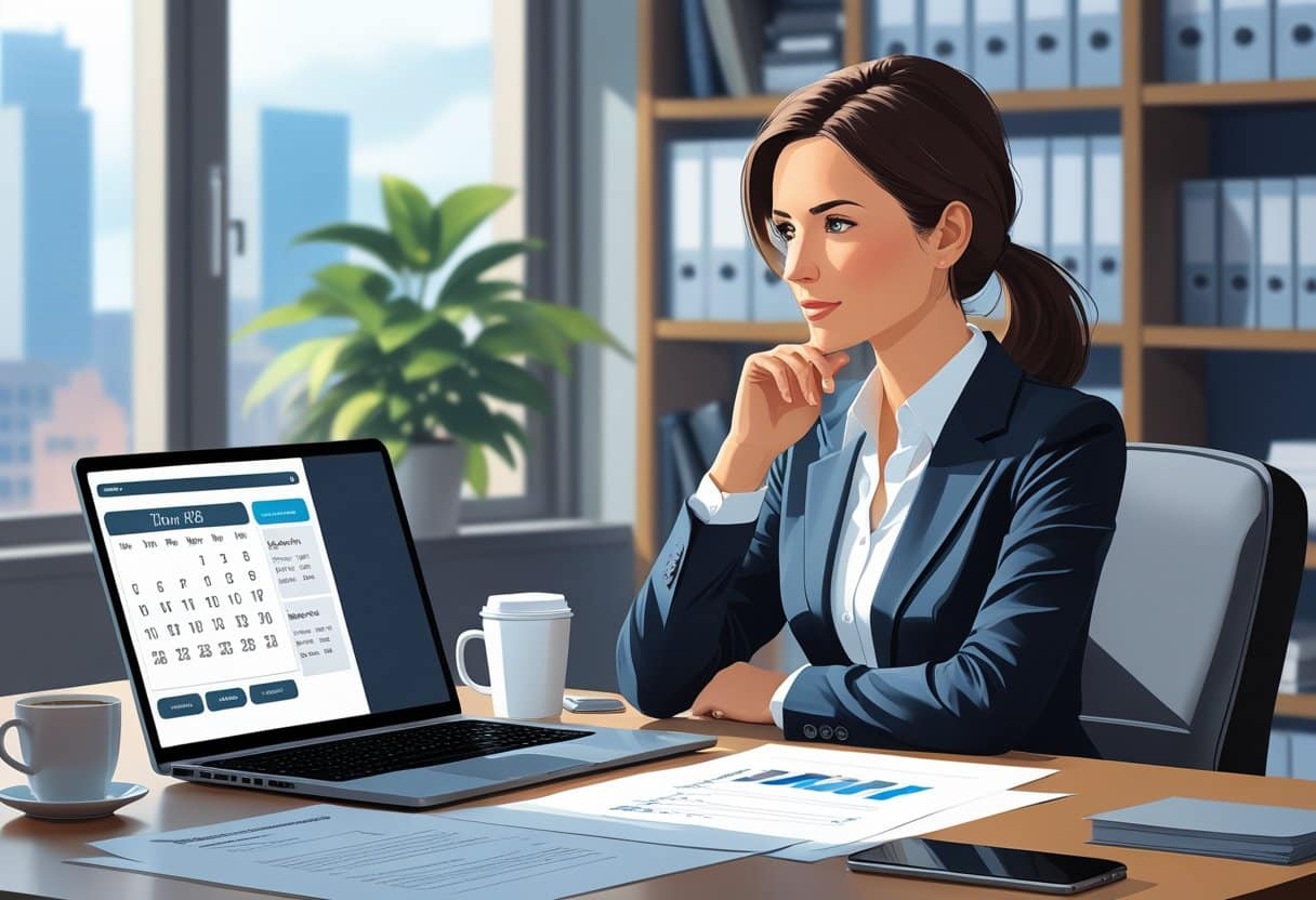Do You Have to Declare a Second Job to Your Employer: Legal and Workplace Considerations 1 A businesswoman sitting at a desk in an office, looking thoughtfully at her laptop with documents and a smartphone nearby.