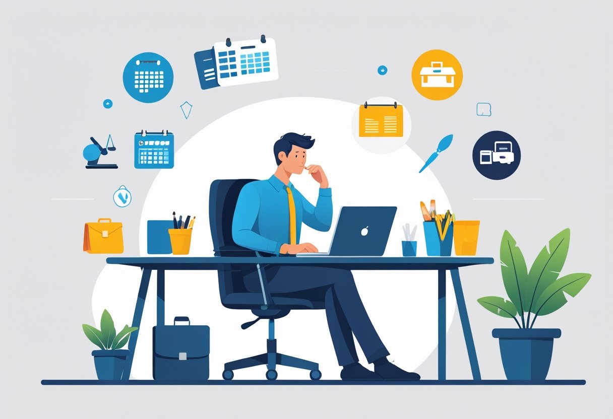 Can You Get Fired for Having a Side Hustle? What Employees Need to Know 2 An office worker sitting at a desk with a laptop, surrounded by symbols of a main job and side activities, looking thoughtful.