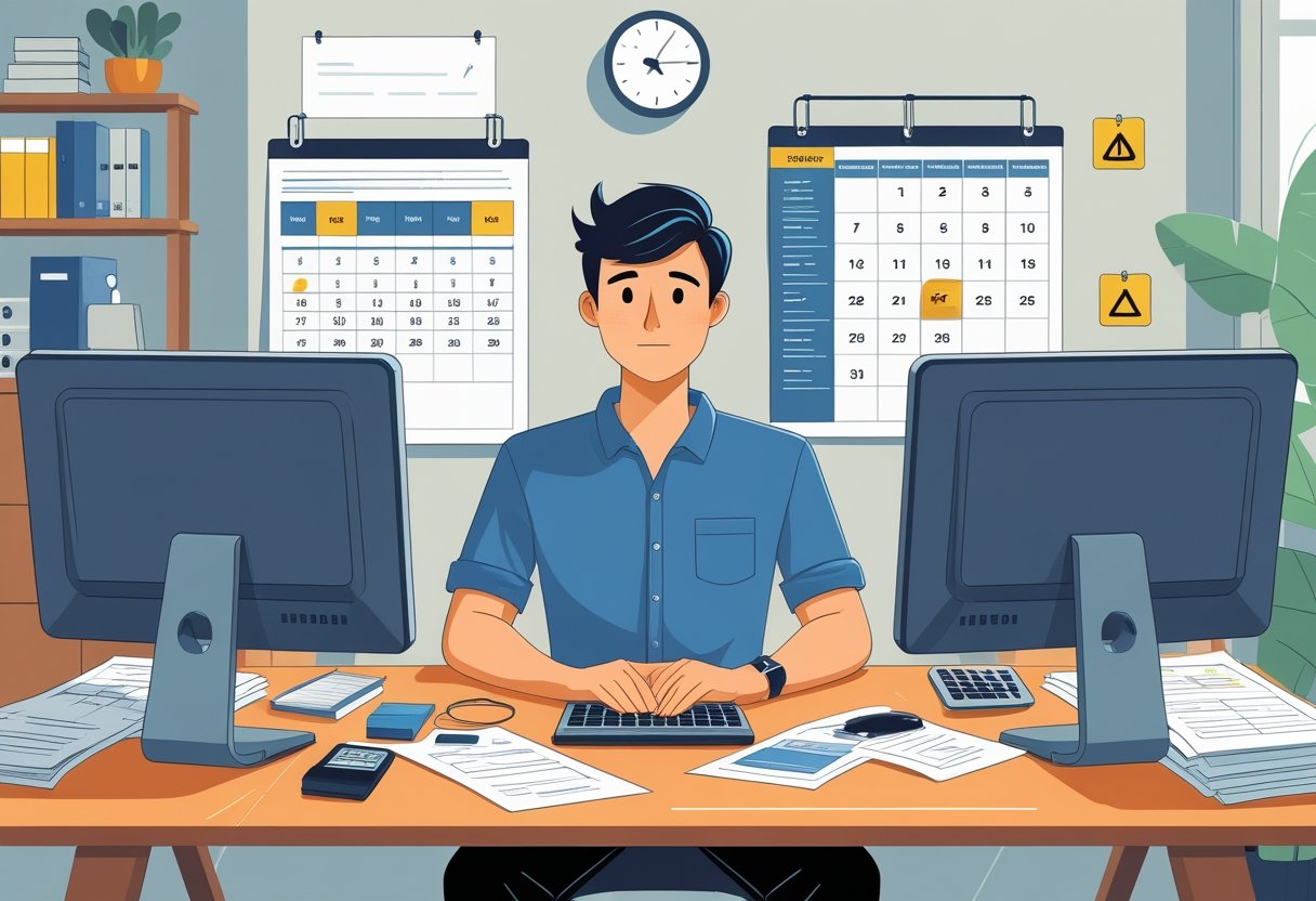 A person working at a desk with two computer screens, surrounded by paperwork, a calendar, and a clock, illustrating managing two jobs at the same time.