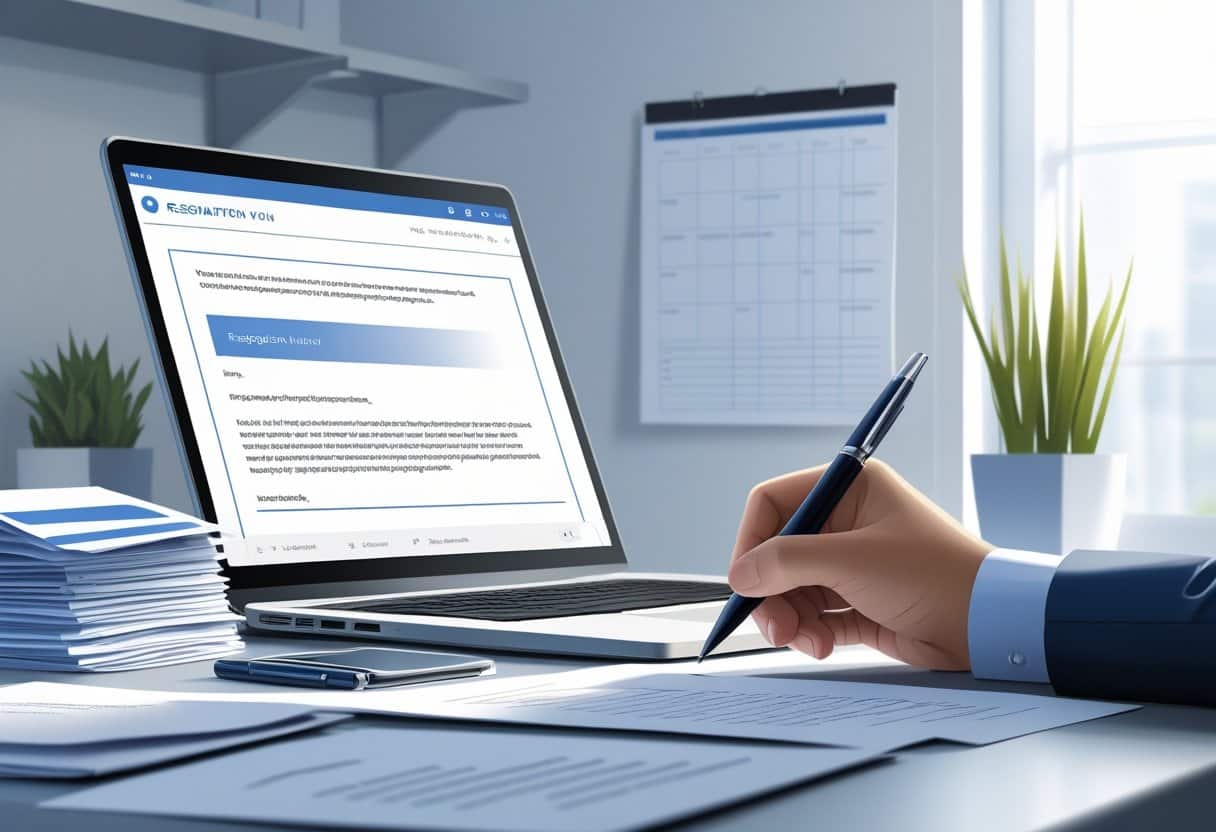 22 Resignation Email Examples with Templates for Every Scenario and a How-To Guide for Effortless Departures 1 A tidy office desk with a laptop, printed documents, a hand holding a pen over a notepad, and a calendar on the wall, representing the process of preparing a resignation email.