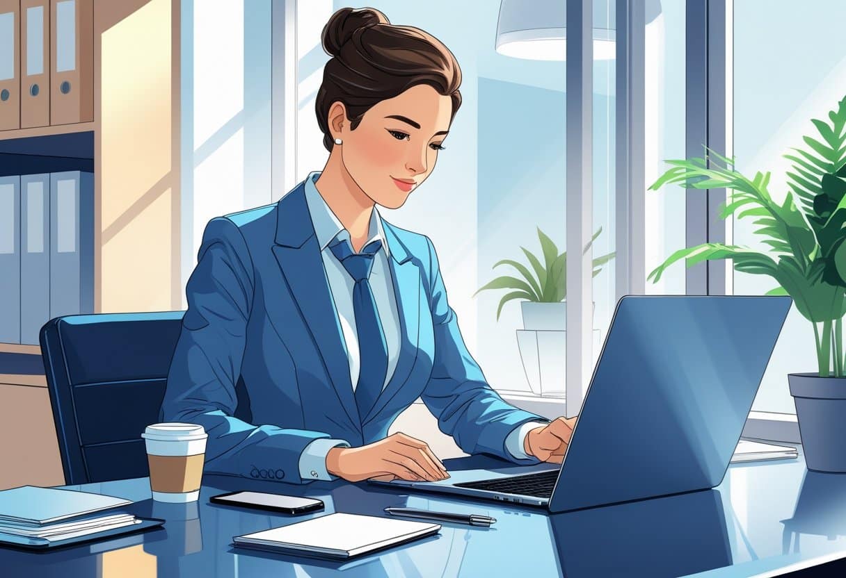 How to Respond to an Interview Request Email: Professional Steps and Sample Replies 2 A person in business attire sitting at a desk, reading an email on a laptop in a tidy office environment.