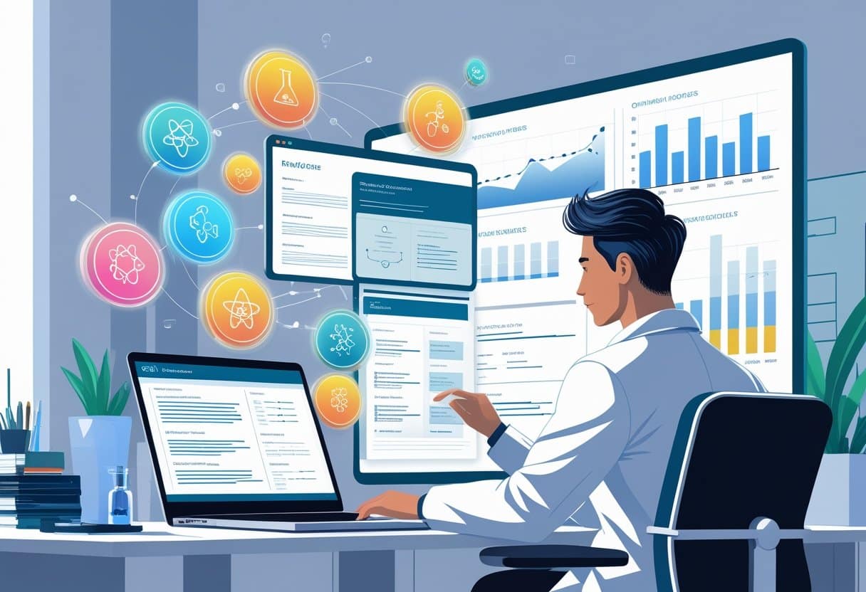 25 Scientist Resume Examples That Got Jobs for 2025 with Proven Success Tips 3 A scientist at a desk working on a digital resume with floating scientific icons and charts in a modern office setting.