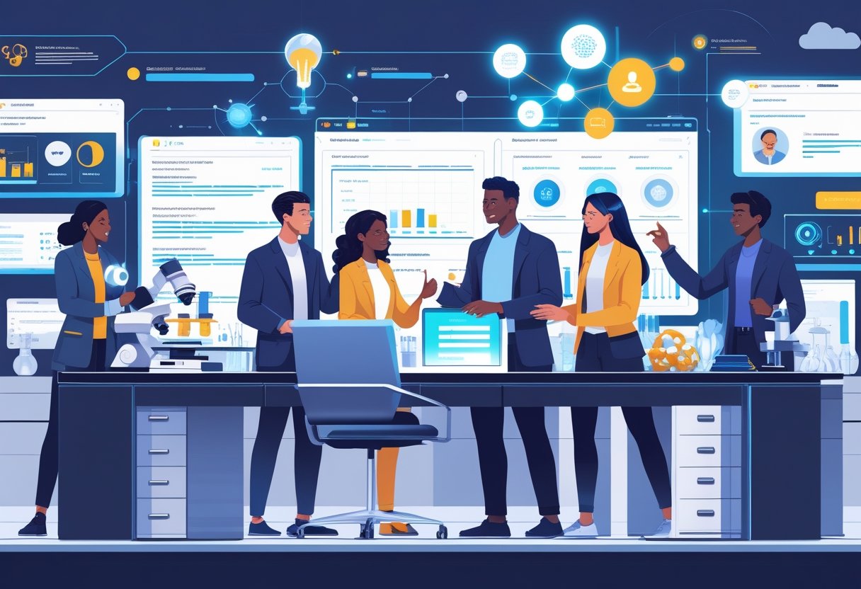 25 Scientist Resume Examples That Got Jobs for 2025 with Proven Success Tips 4 Scientists working together at a modern workspace with holographic screens and scientific equipment, preparing resumes for job applications.