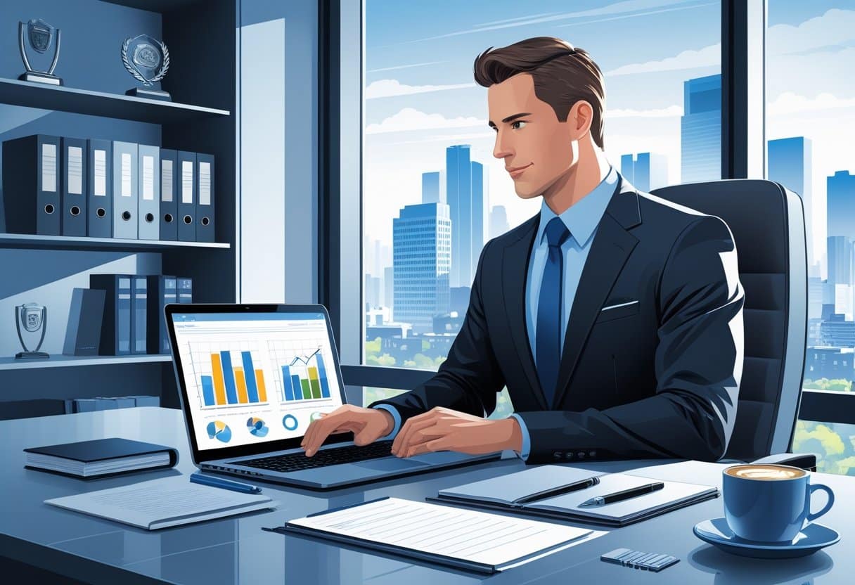 An executive manager working at a desk in a modern office with a laptop, documents, and a cityscape visible through a large window.